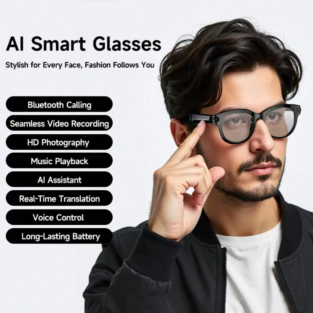 AI Smart Glasses, HD Camera, Video, AI Voice Assistant, Translator, Music