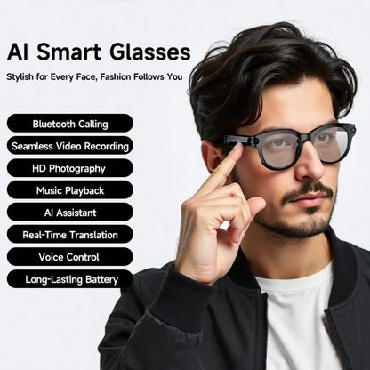 AI Smart Glasses, HD Camera, Video, AI Voice Assistant, Translator, Music