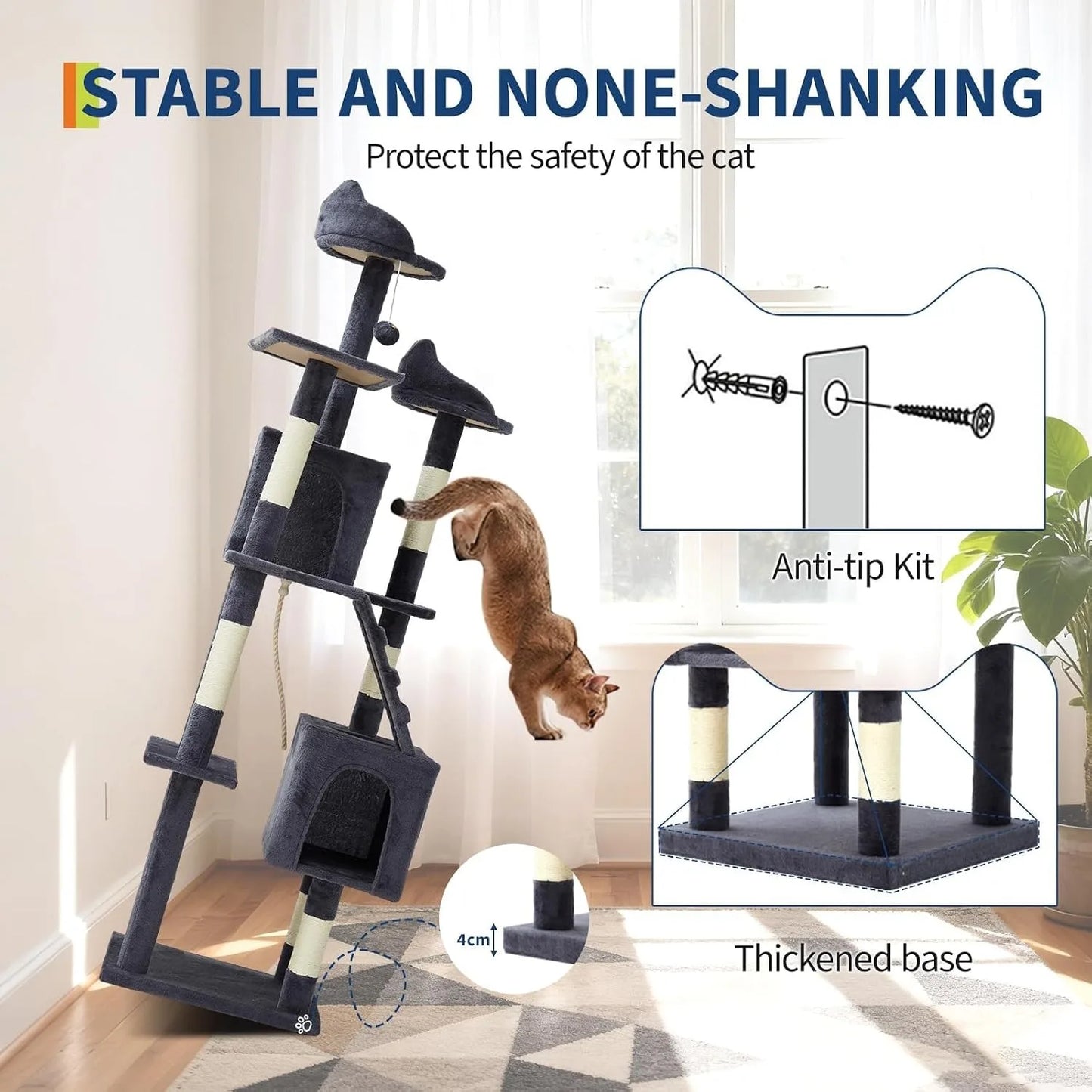 Multi-Level Cat Tower with 6 Scratching Posts, 2 Condos, 3 Perches, Hammock