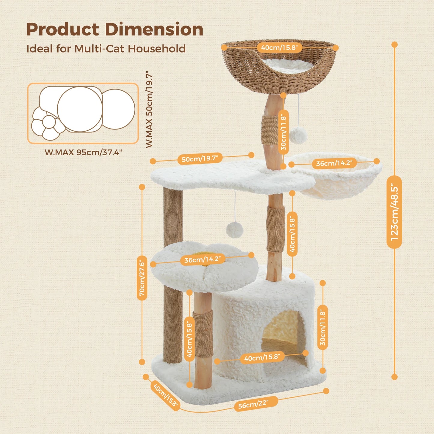 Cat Tree, Solid Wood Tower with Luxury Cat Condo, Hammock