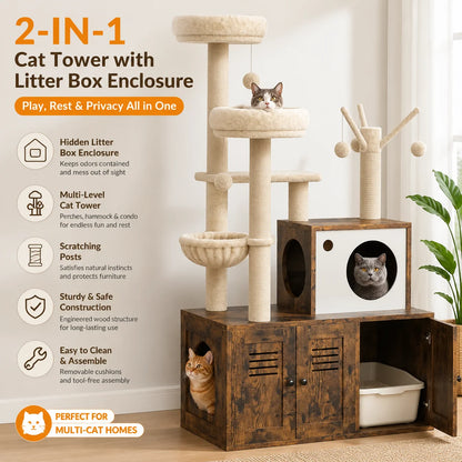 Cat Tower with Litter Box Enclosure,  with Scratching Posts, Hammock & Perches,