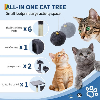 Multi-Level Cat Tower with 6 Scratching Posts, 2 Condos, 3 Perches, Hammock