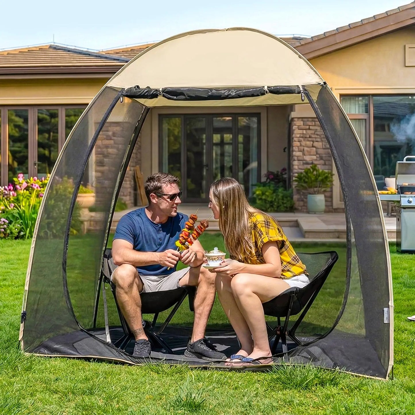 Pop Up  Black Mesh Gazebo With Peaked Roof