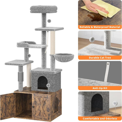 Modern Cat Tree with Hidden Litter Box Enclosure, with Scratching Post