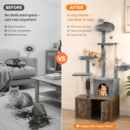 Modern Cat Tree with Hidden Litter Box Enclosure, with Scratching Post