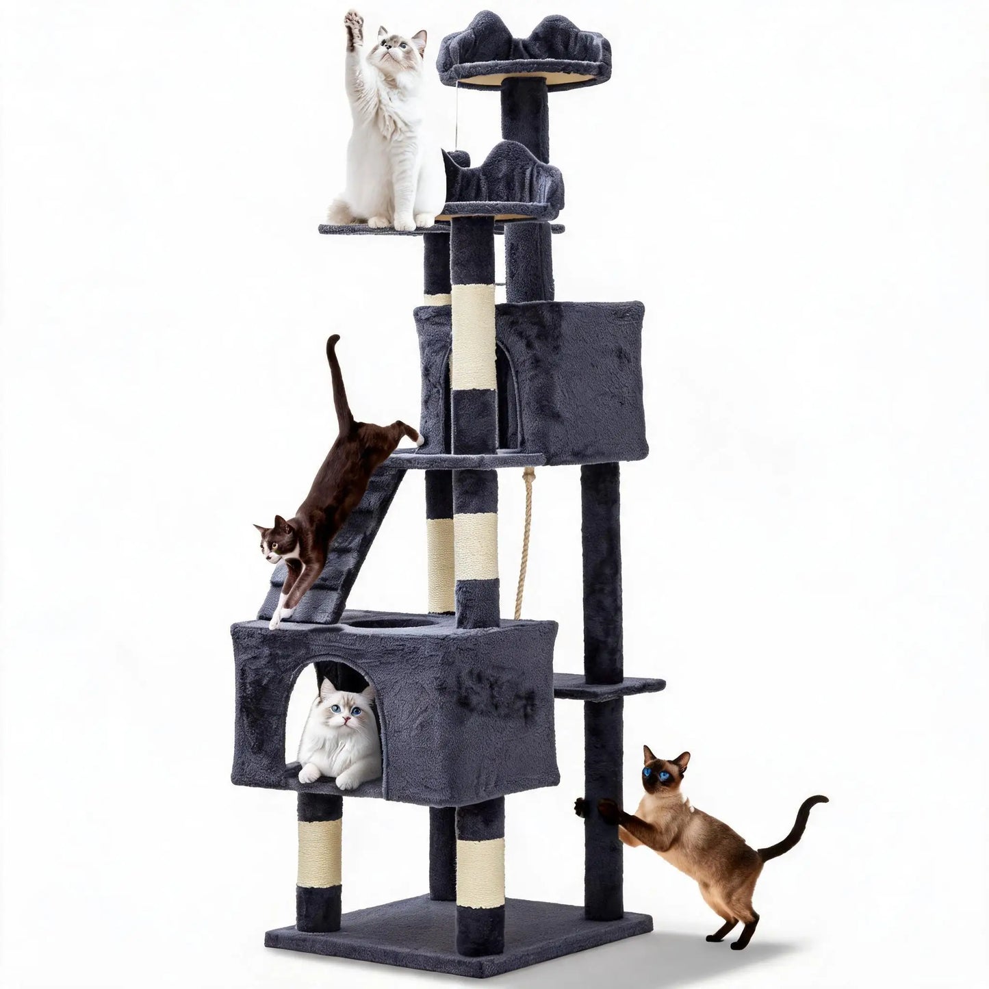 Multi-Level Cat Tower with 6 Scratching Posts, 2 Condos, 3 Perches, Hammock
