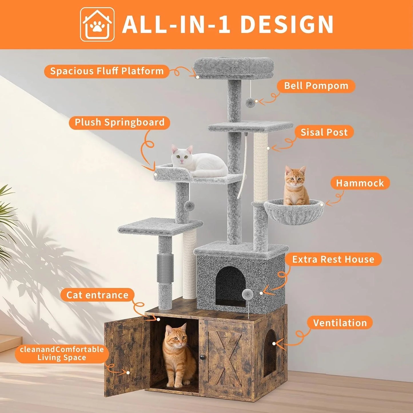 Modern Cat Tree with Hidden Litter Box Enclosure, with Scratching Post
