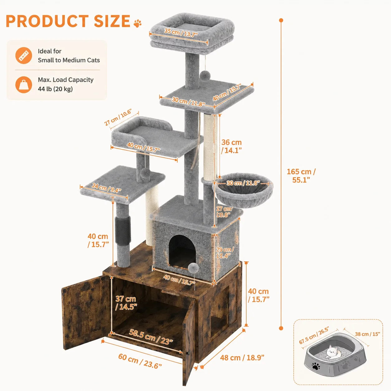 Modern Cat Tree with Hidden Litter Box Enclosure, with Scratching Post