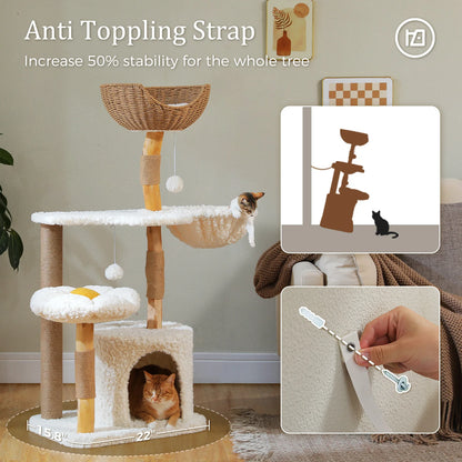 Cat Tree, Solid Wood Tower with Luxury Cat Condo, Hammock