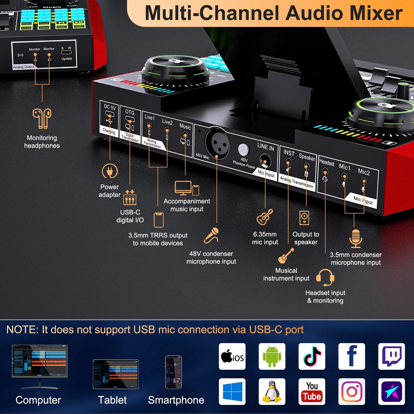 Podcast Equipment, 6 Channel with 3.5mm Microphone and Live Sound Card,