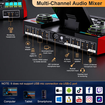 Podcast Equipment, 6 Channel with 3.5mm Microphone and Live Sound Card,