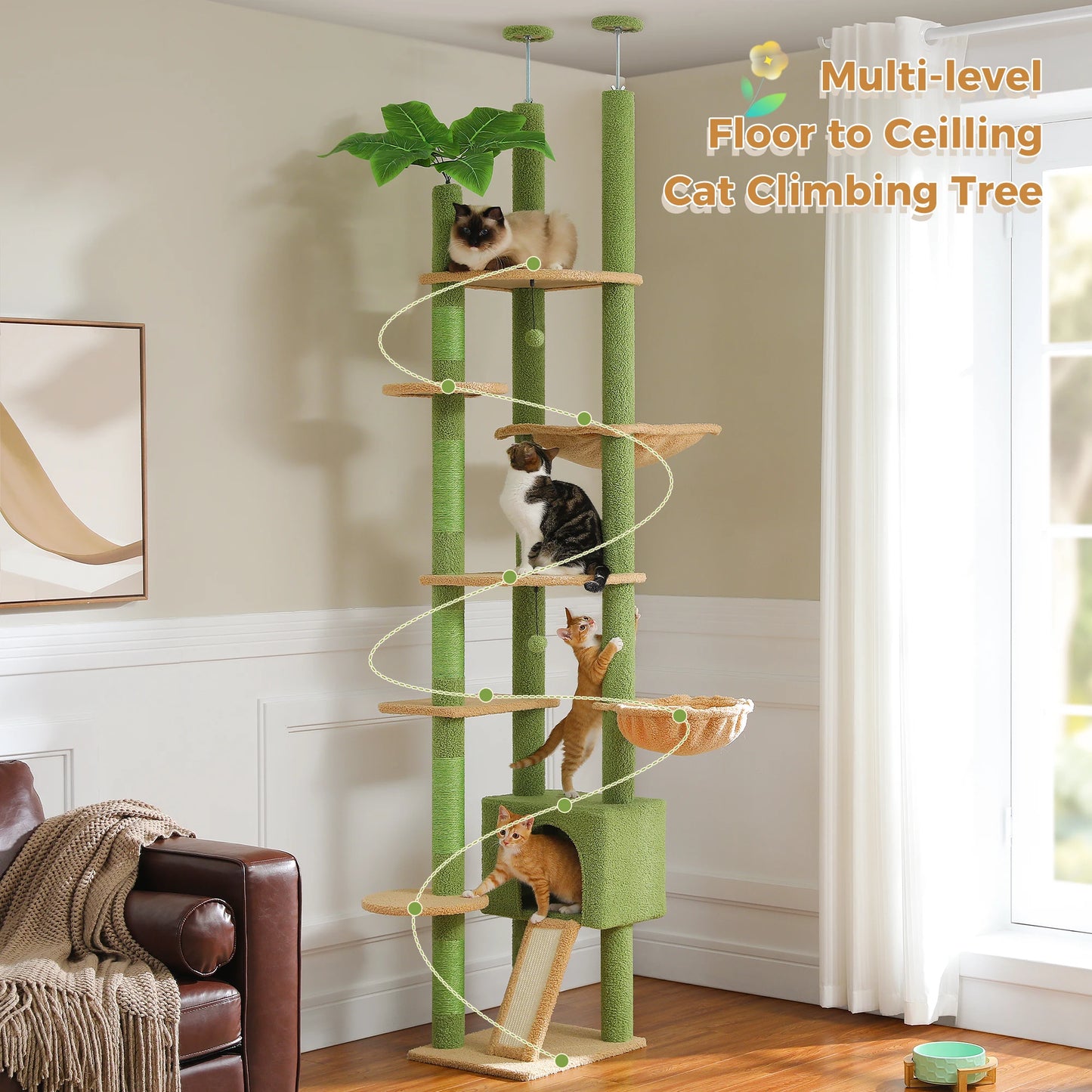 Floor to Ceiling Cat Tower with  Condo, Hammock, and Scratching Post