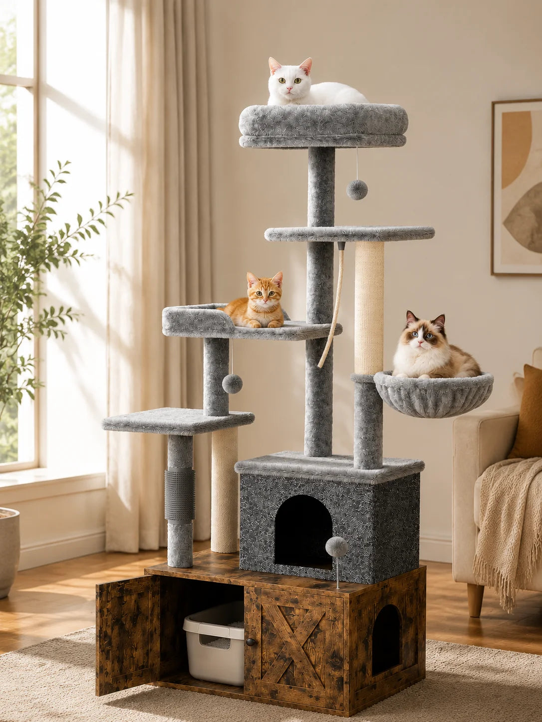 Modern Cat Tree with Hidden Litter Box Enclosure, with Scratching Post