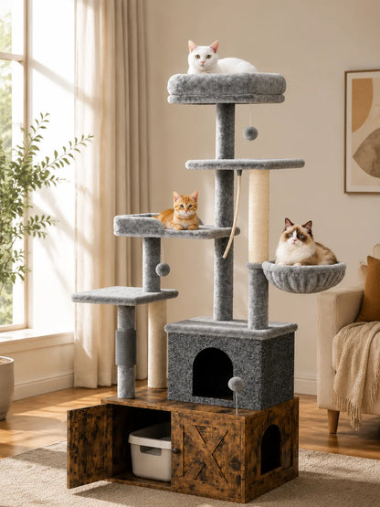 Modern Cat Tree with Hidden Litter Box Enclosure, with Scratching Post