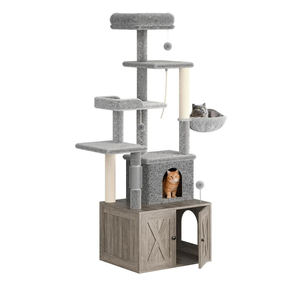 Modern Cat Tree with Hidden Litter Box Enclosure, with Scratching Post