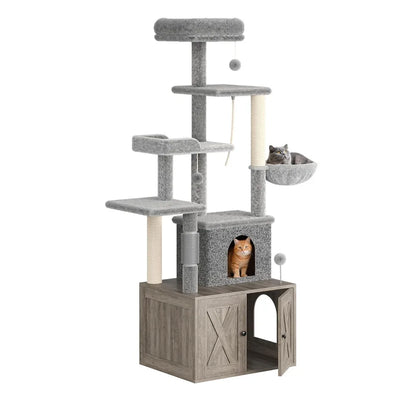 Modern Cat Tree with Hidden Litter Box Enclosure, with Scratching Post