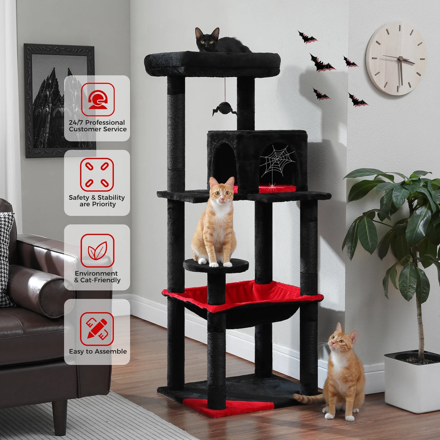 Tall Cat Tower with Large Hammock, Sisal Covered Scratching Post