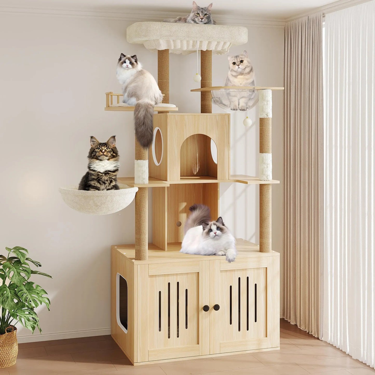 Cat Tree With Litter Box Enclosure, Sisal Scratching Posts And Hammock