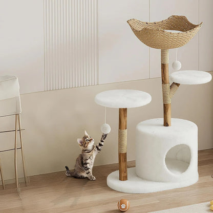 Cat Tree Tower with Rattan, Cat Climbing Furniture