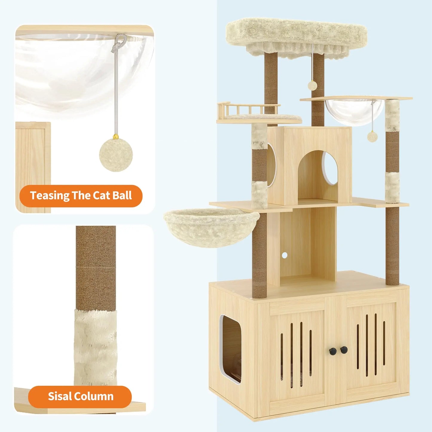 Cat Tree With Litter Box Enclosure, Sisal Scratching Posts And Hammock