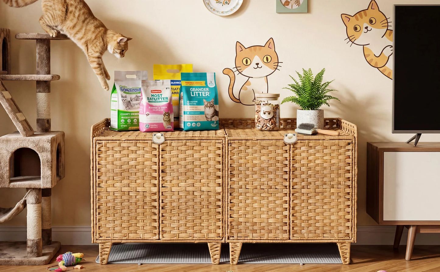 Cat Litter Box Enclosure Furniture, Handwoven Rattan Cat Houses
