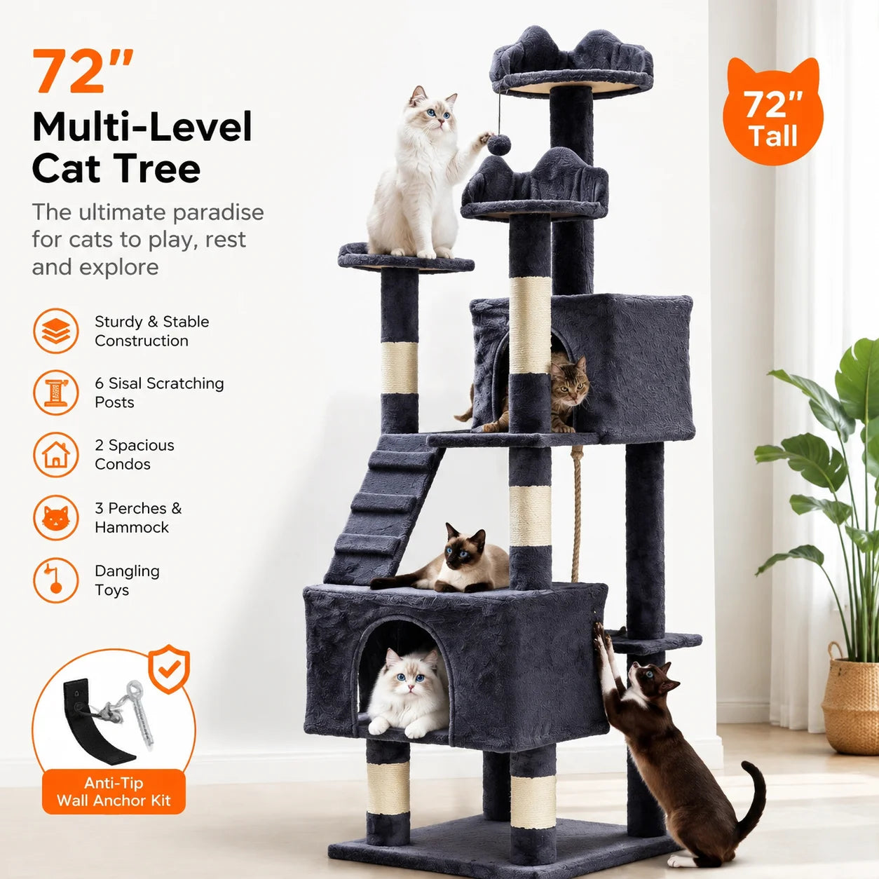 Multi-Level Cat Tower with 6 Scratching Posts, 2 Condos, 3 Perches, Hammock