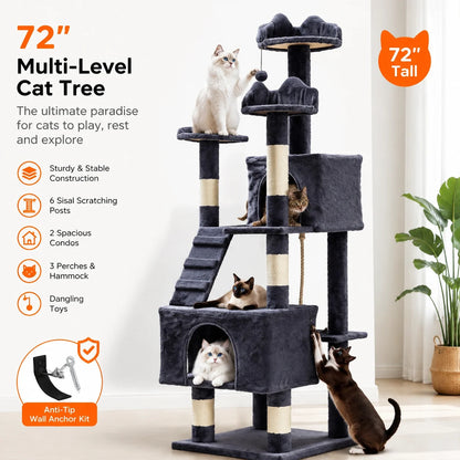 Multi-Level Cat Tower with 6 Scratching Posts, 2 Condos, 3 Perches, Hammock