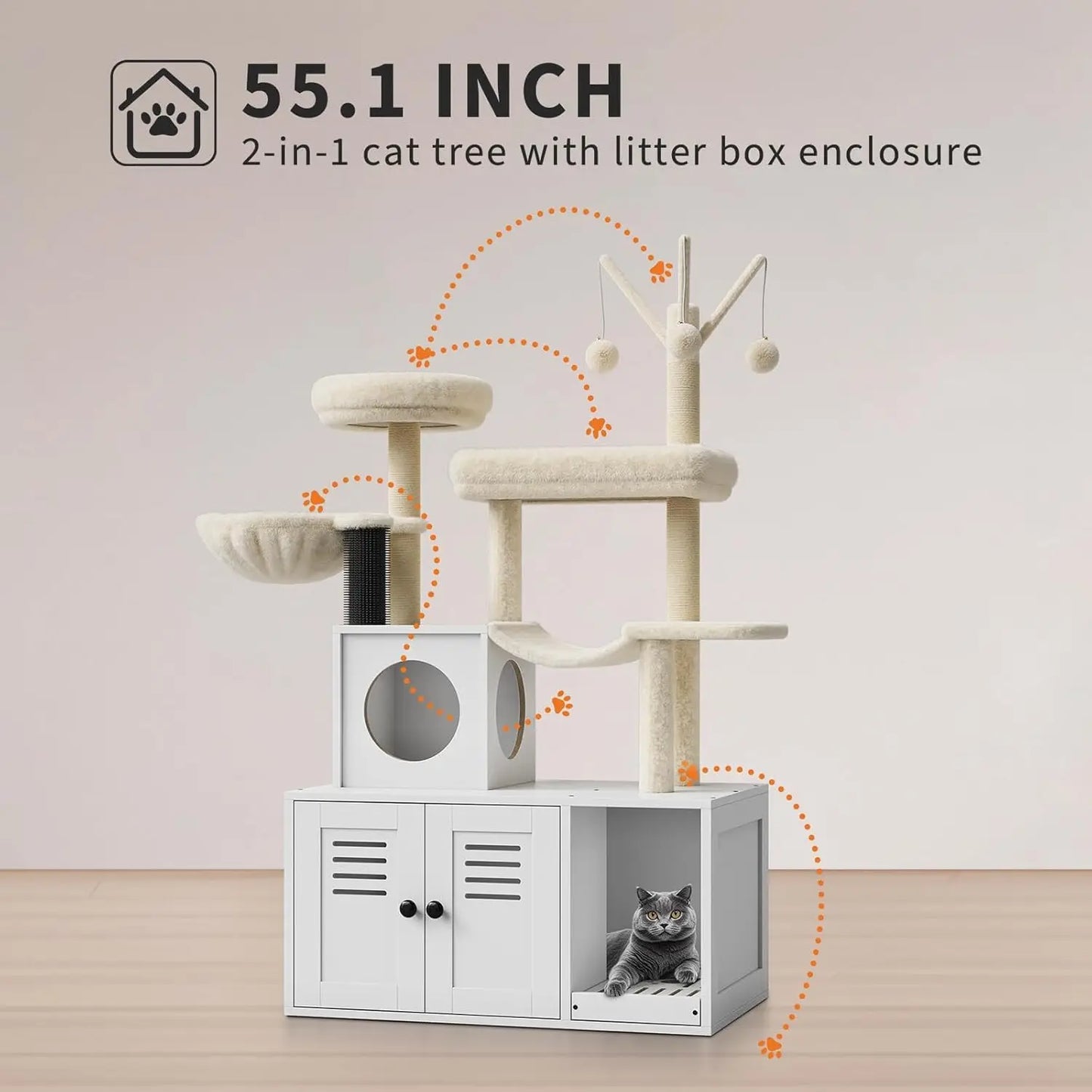 Litter Box Enclosure with Cat Tree with Condo/Hammock/Scratching Post