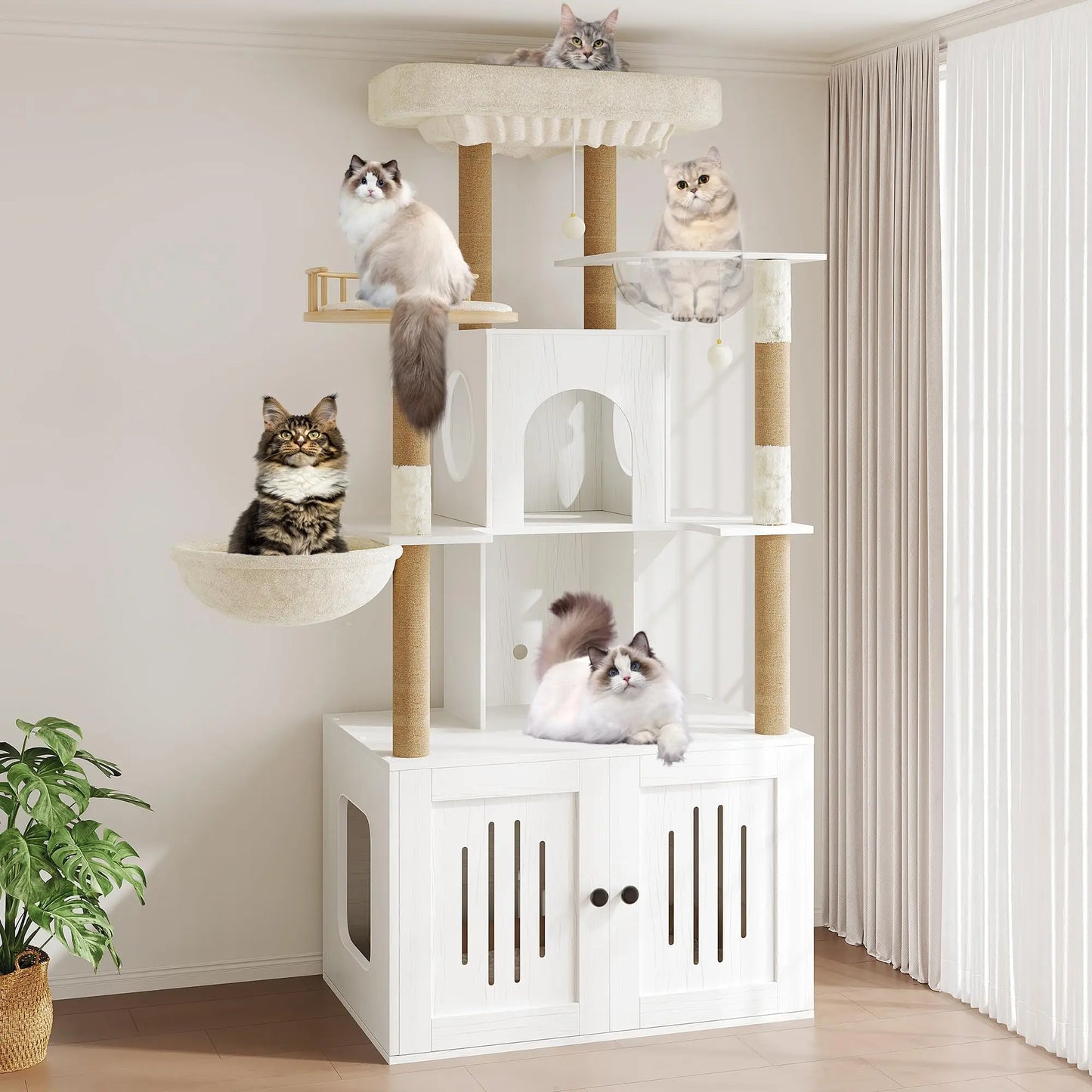 Cat Tree With Litter Box Enclosure, Sisal Scratching Posts And Hammock