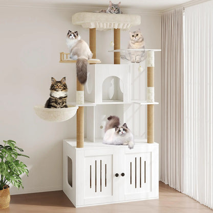 Cat Tree With Litter Box Enclosure, Sisal Scratching Posts And Hammock
